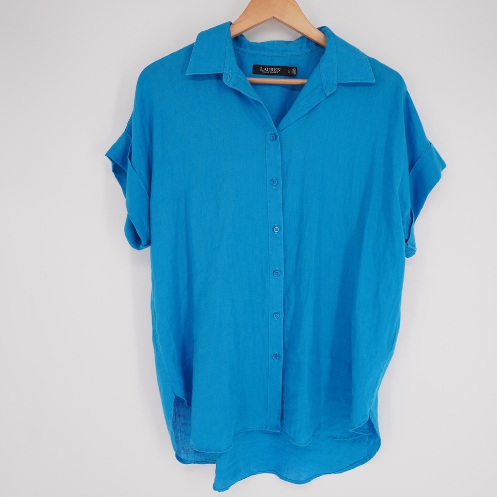 Lauren Ralph Lauren 100% Linen Button Up Shirt Women L Blue Short Sleeve Classic - Picture 2 of 12